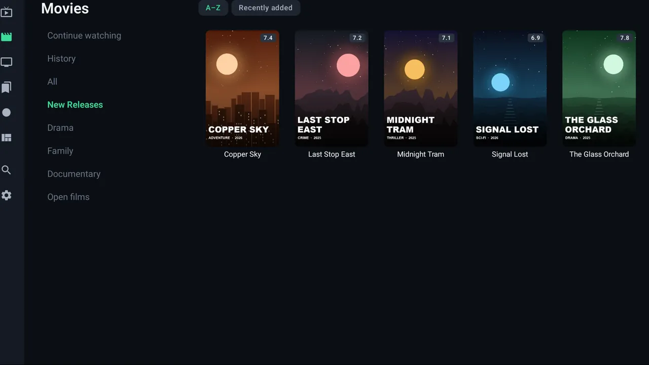 Movies browser with categories on the left and a row of film posters